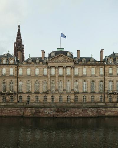 A wide-angle view of the Palais Rohan in Strasbourg, France, showing its grand Baroque facade along the Ill river, with the spire of Strasbourg Cathedral visible behind it and a blue flag flying atop the building.