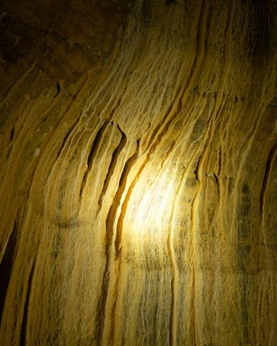 A close-up view of a textured, striated limestone cave wall illuminated by an artificial light source, showing vertical flow patterns and mineral deposits.