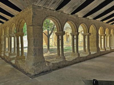 A stone cloister with rounded arches supported by monolithic columns, set within a covered courtyard featuring a wooden-beamed ceiling and a central tree, with modern display elements visible on the floor.