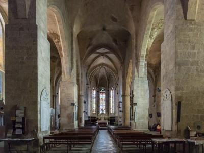 Interior of the Collégiale Saint-Jacques, showing nave and vaulted ceilings.