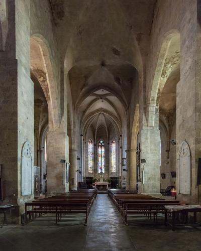 Interior of the Collégiale Saint-Jacques, showing nave and vaulted ceilings.