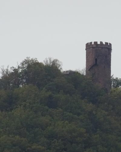 A stone tower with crenellations rises above a dense green forested hill under an overcast sky.