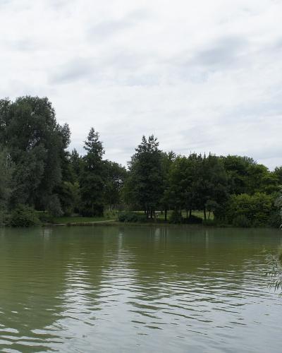 A landscape view of a calm body of water surrounded by dense green trees and vegetation, with a tall brick chimney stack visible in the background on the right side under an overcast sky.