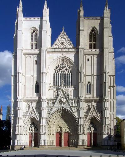 The twin-towered Gothic facade of Nantes Cathedral