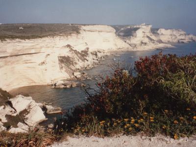 White limestone cliffs of Bonifacio, Corsica meeting the Mediterranean Sea.