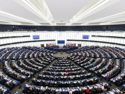 1. The image shows a large, semi-circular hemicycle chamber filled with seated delegates at desks, featuring a prominent European Union flag at the front, multiple national flags, and tiered public viewing galleries; signage includes digital screens 