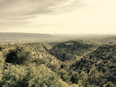 A sepia-toned landscape photograph showing a deep, scrub-covered valley or gorge with rolling hills in the foreground and a distant plateau under a hazy sky.