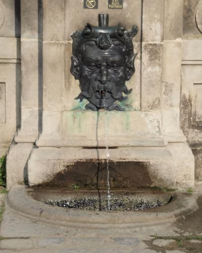 A close-up of a stone fountain featuring a bronze mask spout with water flowing into a basin, set against a stone wall with a sign reading "EAU NON POTABLE".