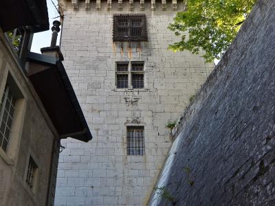 A low-angle view of a tall, light-colored stone tower with crenellations, barred windows, and a French flag flying from the roof, situated between adjacent buildings and a sloping stone wall.