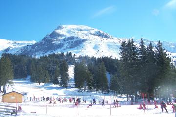 A snowy ski slope with skiers and snowboarders, evergreen trees, a small wooden building on the left, and a prominent snow-covered mountain peak in the background under a clear blue sky.