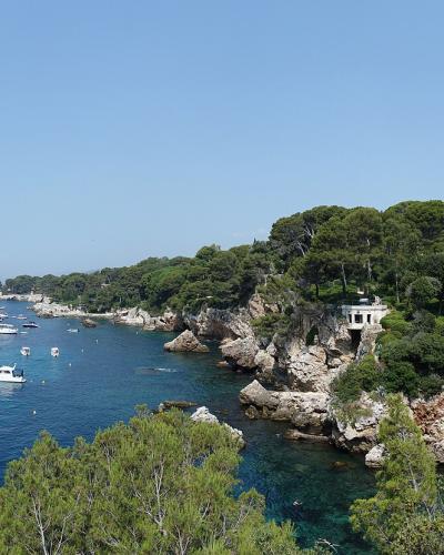 A panoramic view of a sheltered bay with numerous sailboats anchored in clear blue water, bordered by a rocky coastline covered in dense green pine trees and a small white building perched on the cliffs.