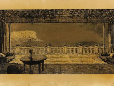 The image shows a sepia-toned architectural rendering or etching of a covered terrace with a pergola, overlooking the sea and a prominent rocky headland, with furniture arranged on the tiled floor.