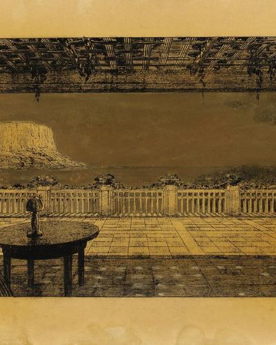 The image shows a sepia-toned architectural rendering or etching of a covered terrace with a pergola, overlooking the sea and a prominent rocky headland, with furniture arranged on the tiled floor.