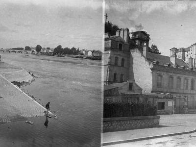 A black-and-white stereoscopic photograph showing a wide river with a stone bridge in the distance on the left panel, and a large castle complex on a hill overlooking a town square on the right panel.