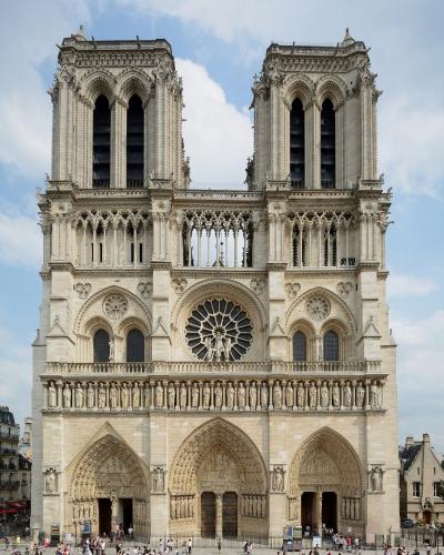 A pointillist painting depicting the Notre-Dame Cathedral in Paris, viewed from the Quai Saint-Michel across the Seine River, with figures and horse-drawn carriages in the foreground.