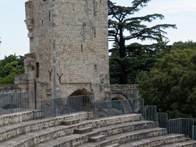 The image shows the stone seating tiers of an ancient Roman amphitheater or theater, with a tall, rectangular medieval stone tower (the Tour de l'Horloge) rising behind it, set against trees and sky.