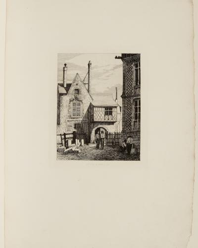 A black-and-white etching or engraving depicting a street scene with a half-timbered building labeled "ROUENNERIE GROS" and an arched gateway, with figures standing in the foreground and a larger stone building to the right; faint text below reads