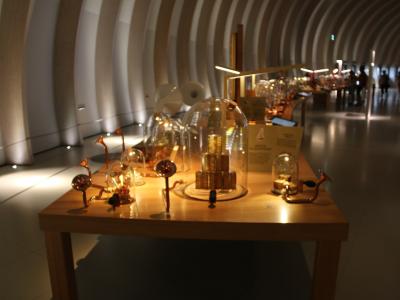 An indoor museum exhibit featuring copper-colored wine-related artifacts and glass domes on a wooden table, set against a distinctive curved, ribbed white wall with recessed lighting.