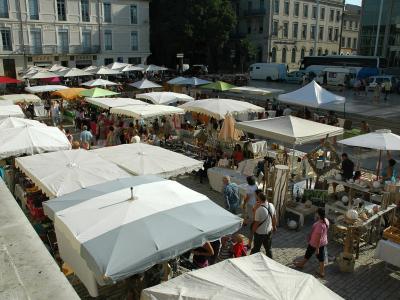 An outdoor market with numerous white umbrellas and stalls set up on a paved square, with classical European-style buildings in the background and people browsing.