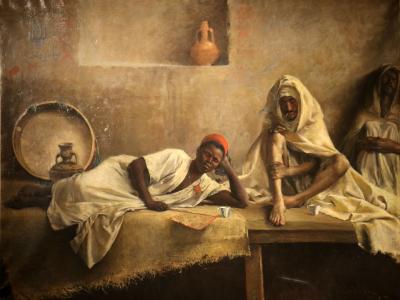 Orientalist painting of three men in a dim room, one reclining and two seated.