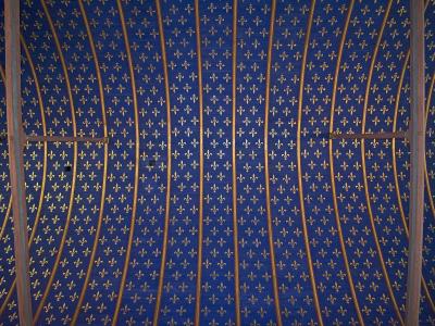 A close-up photograph of a blue ceiling or wall panel decorated with repeating gold fleur-de-lis motifs arranged in vertical columns, framed by wooden structural elements.