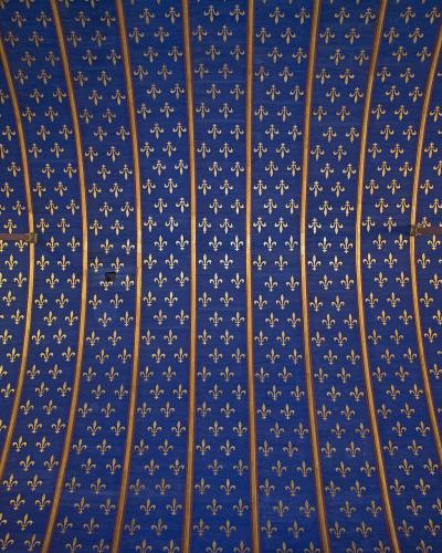 A close-up photograph of a blue ceiling or wall panel decorated with repeating gold fleur-de-lis motifs arranged in vertical columns, framed by wooden structural elements.
