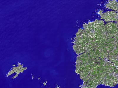 1. A satellite image showing the northwestern peninsula of France (Brittany), including the mainland coast and the island of Belle Île, with deep blue ocean surrounding it.