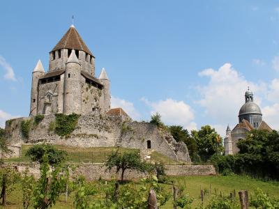 A large medieval stone keep with an octagonal upper section and conical roof, situated on a fortified earthen mound with vineyards in the foreground and a domed church visible to the right under a blue sky.