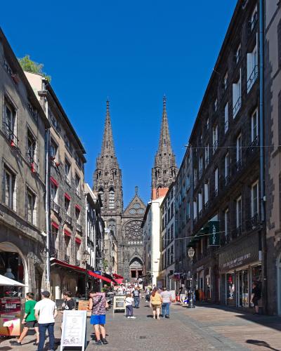 Rue des Gras in Clermont-Ferrand old town, leading up to the black-stone cathedral
