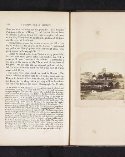 A vintage photograph showing a stone bridge crossing the Vilaine River in Rennes, printed inside an old book.