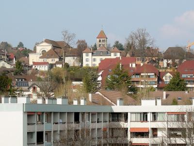 Annecy-le-Vieux houses and church on the hillside above Annecy