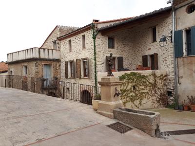 The image shows a stone-paved village square with traditional stone buildings, a central stone fountain topped by a bronze statue, and a black metal railing along the edge of a drop-off.