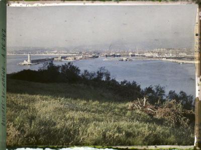 A vintage photograph showing a grassy hillside in the foreground overlooking a large harbor with a lighthouse, breakwaters, and industrial port facilities; handwritten text on the left border reads "BOUCHES-DU-RHÔNE . A 36 242".