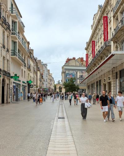 Wide-angle view of the pedestrianized Rue de la Liberté in Dijon, France, showing shoppers and historic architecture.