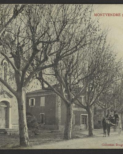 A vintage postcard showing a street scene in a French village with a large stone building on the left, a row of trees, and a horse-drawn carriage, with text reading "MONTVENDRE (Drôme). - Place du Temple".