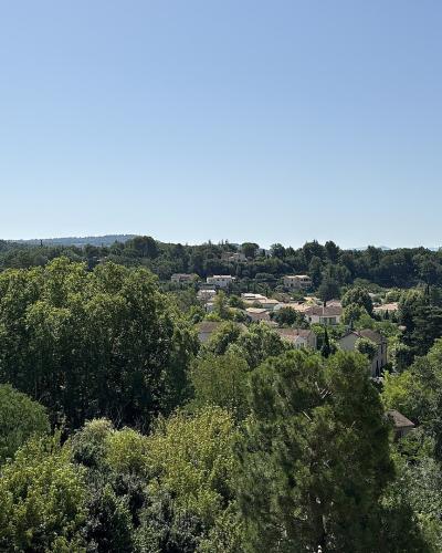 A wide landscape photograph showing a village nestled among dense green trees and rolling hills under a clear blue sky, with no prominent castle structure visible in the foreground or center.