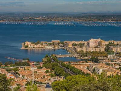 A high-angle panoramic view of the coastal town of Sète in the Hérault department of southern France, featuring a harbor, residential buildings, and extensive oyster farming plots (parcs à huîtres) visible as grid-like structures on the water in t