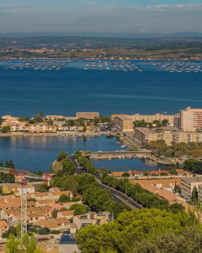A high-angle panoramic view of the coastal town of Sète in the Hérault department of southern France, featuring a harbor, residential buildings, and extensive oyster farming plots (parcs à huîtres) visible as grid-like structures on the water in t
